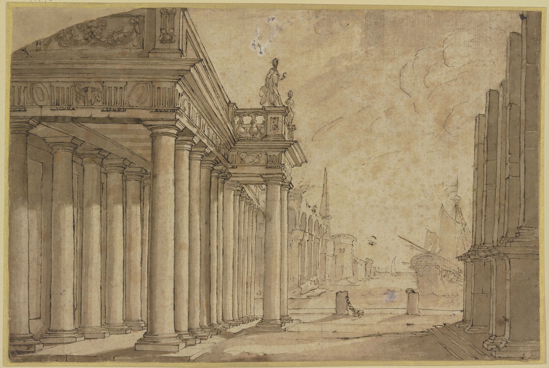 Seehafen, links eine Säulenhalle by Ottavio Viviani