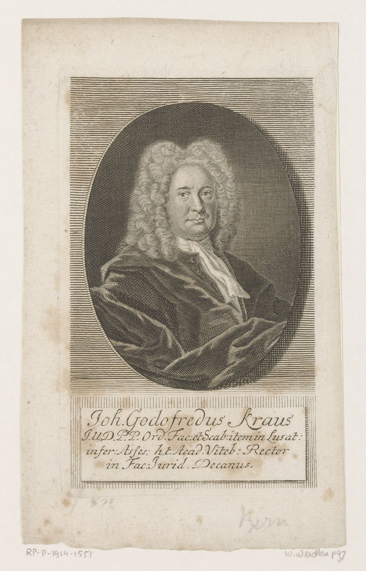 Portret van Johann Gottfried Kraus by Martin Bernigeroth