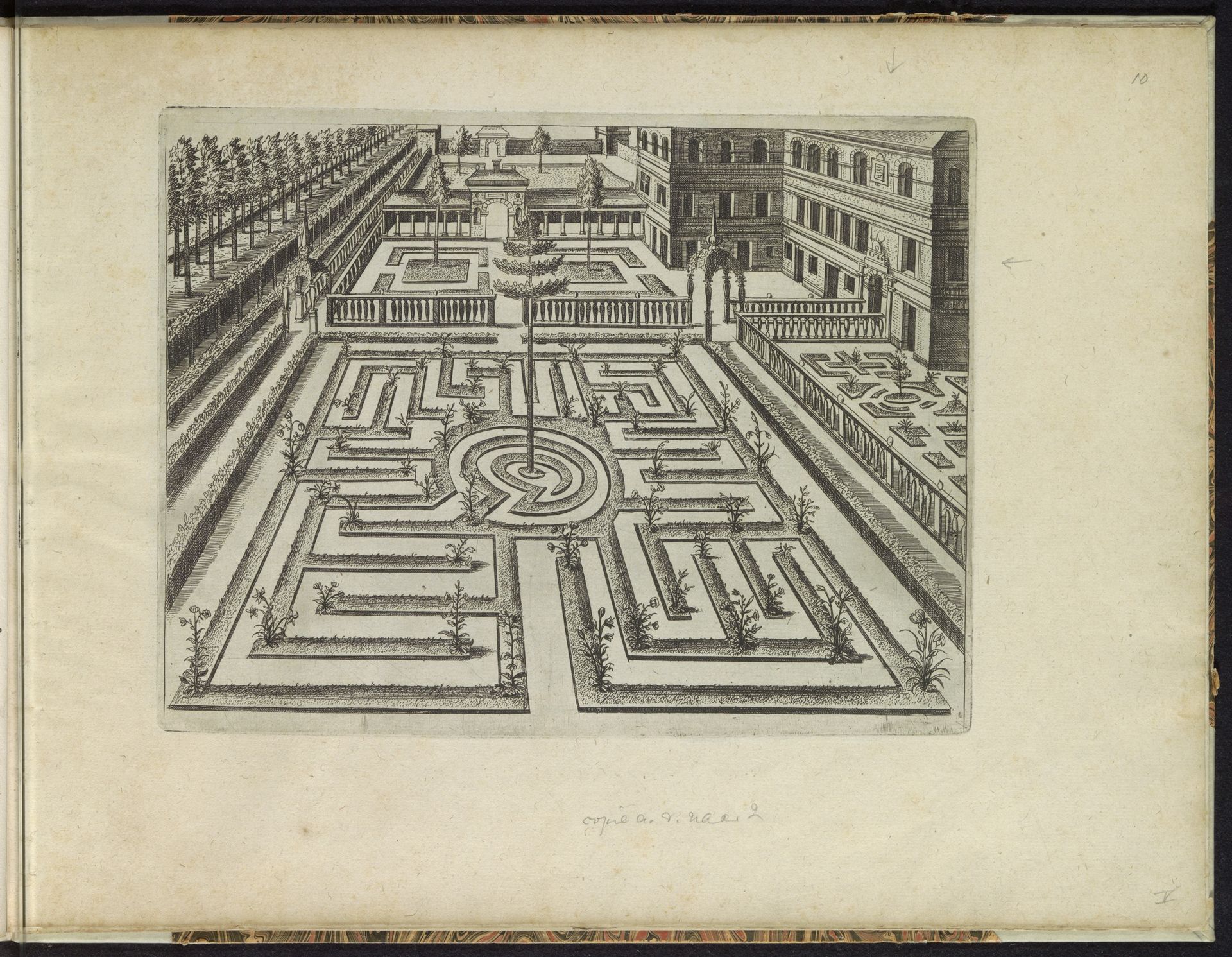 Tuin met een parterre en links een huis by Anonymous