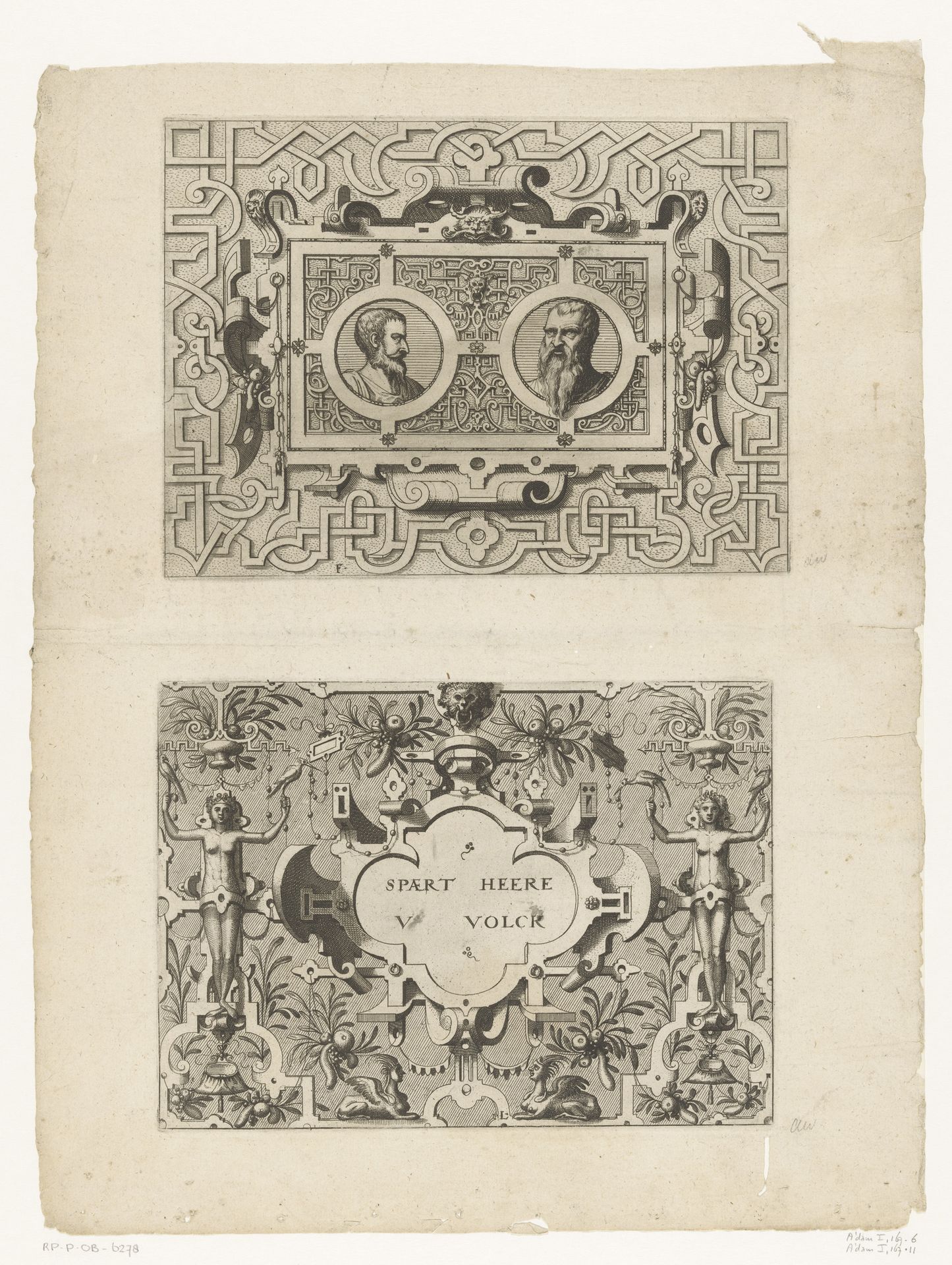 Cartouches met medaillons en staande figuren by Anonymous