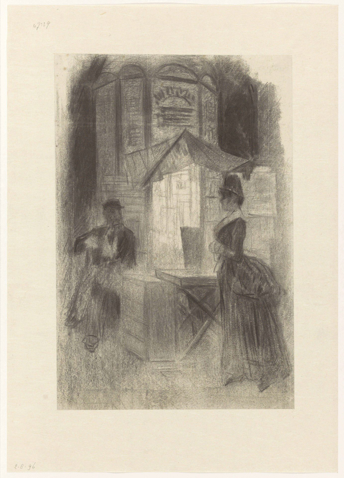 Vrouw passeert een kiosk bij avond by Joan Berg