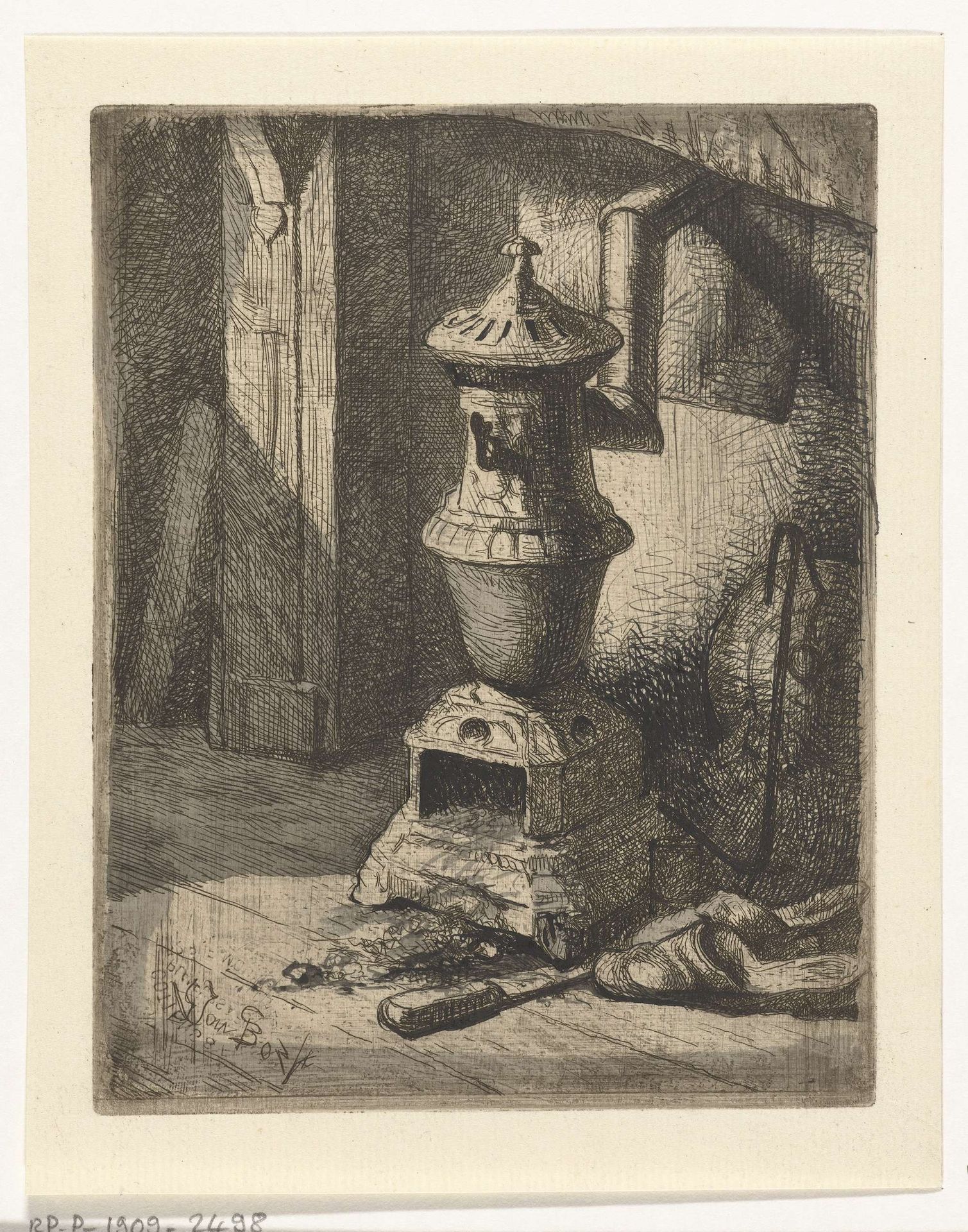 Studie van een interieur met kachel by Gerard Jan Bos
