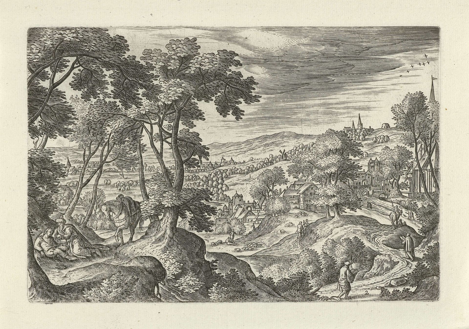 Landschap met de reiziger die door de barmhartige Samaritaan wordt verzorgd by Julius Goltzius