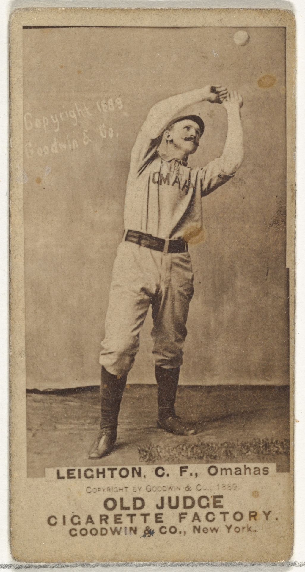Leighton, Center Field, Omaha Omahogs/ Lambs, from the Old Judge series (N172) for Old Judge Cigarettes by Goodwin & Company