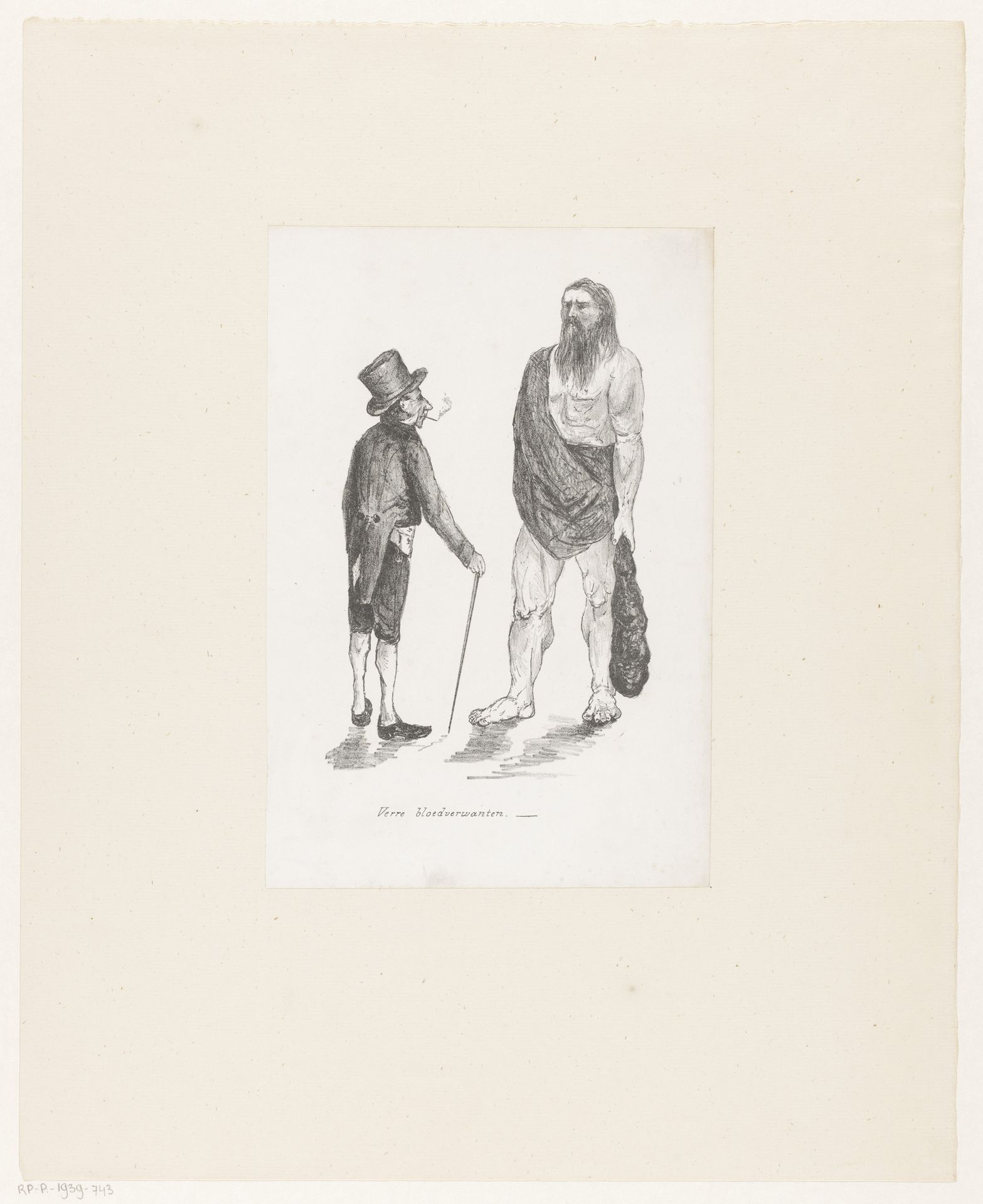 Chique geklede man tegenover oerman by Jeremias Adriaan Adolf Schill