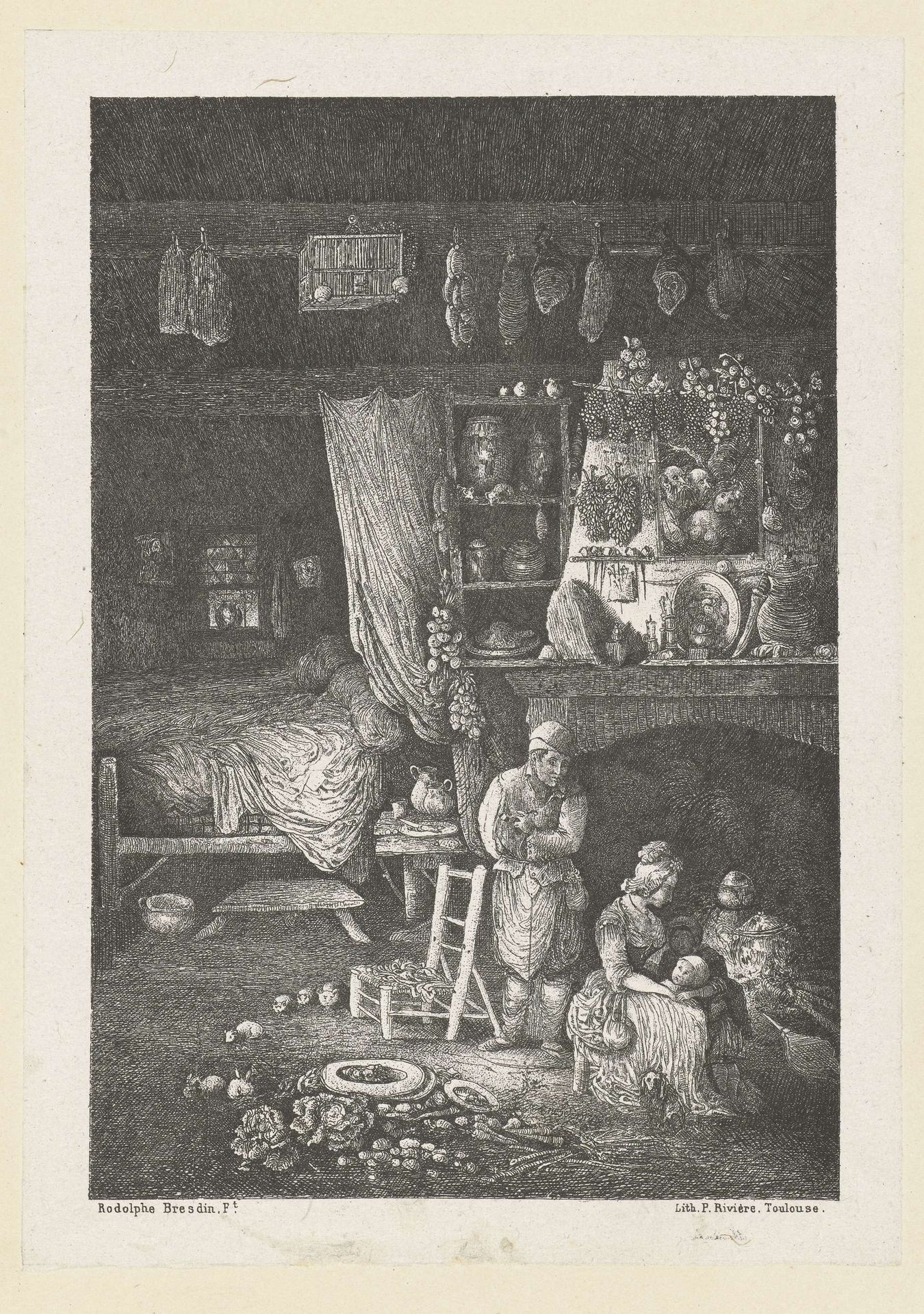 Interieur met boerenfamilie by Rodolphe Bresdin