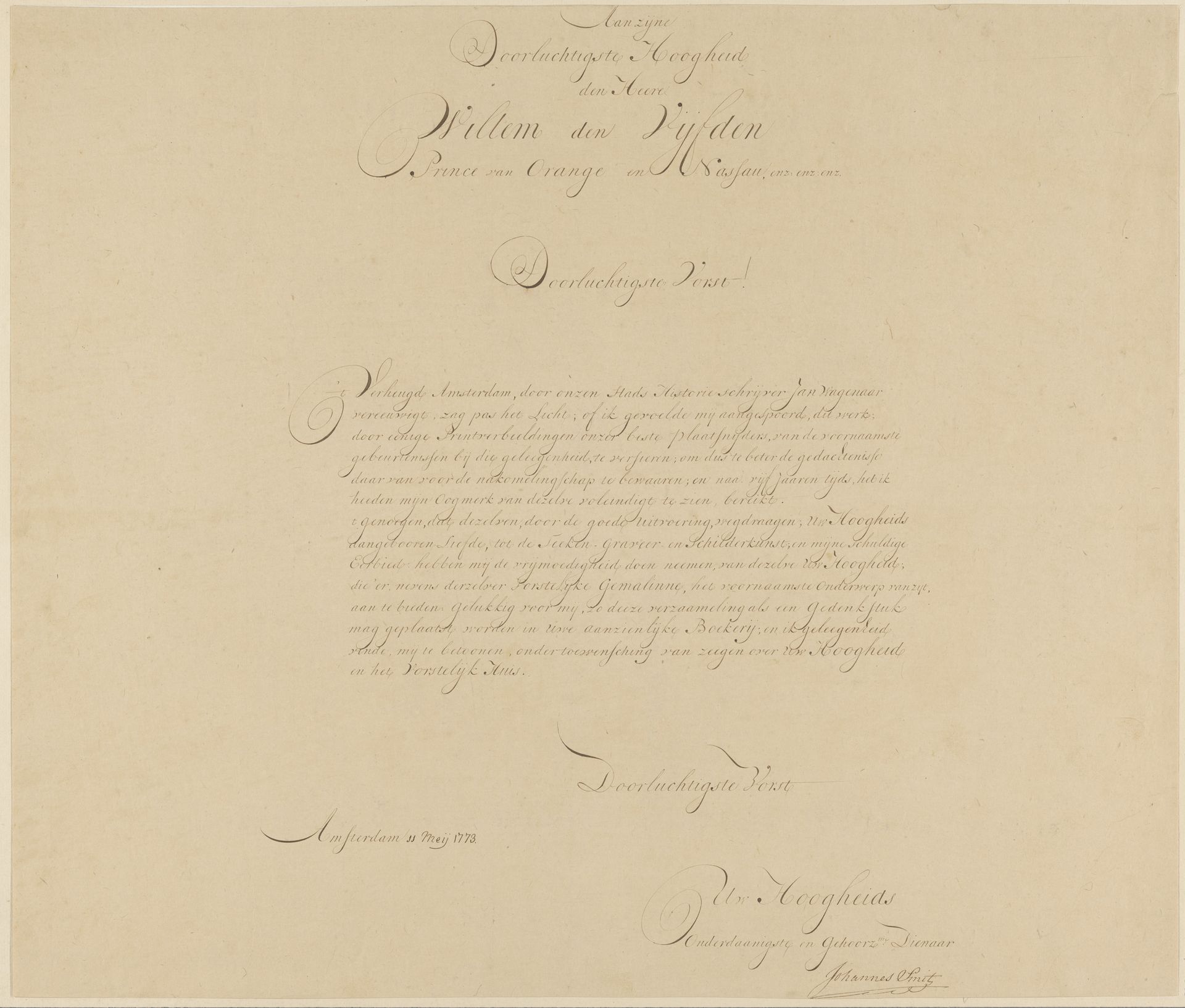 Dedicatie bij een prentserie over het bezoek van stadhouder Willem V en Wilhelmina van Pruisen te Amsterdam in 1768 by Johannes (uitgever) Smit