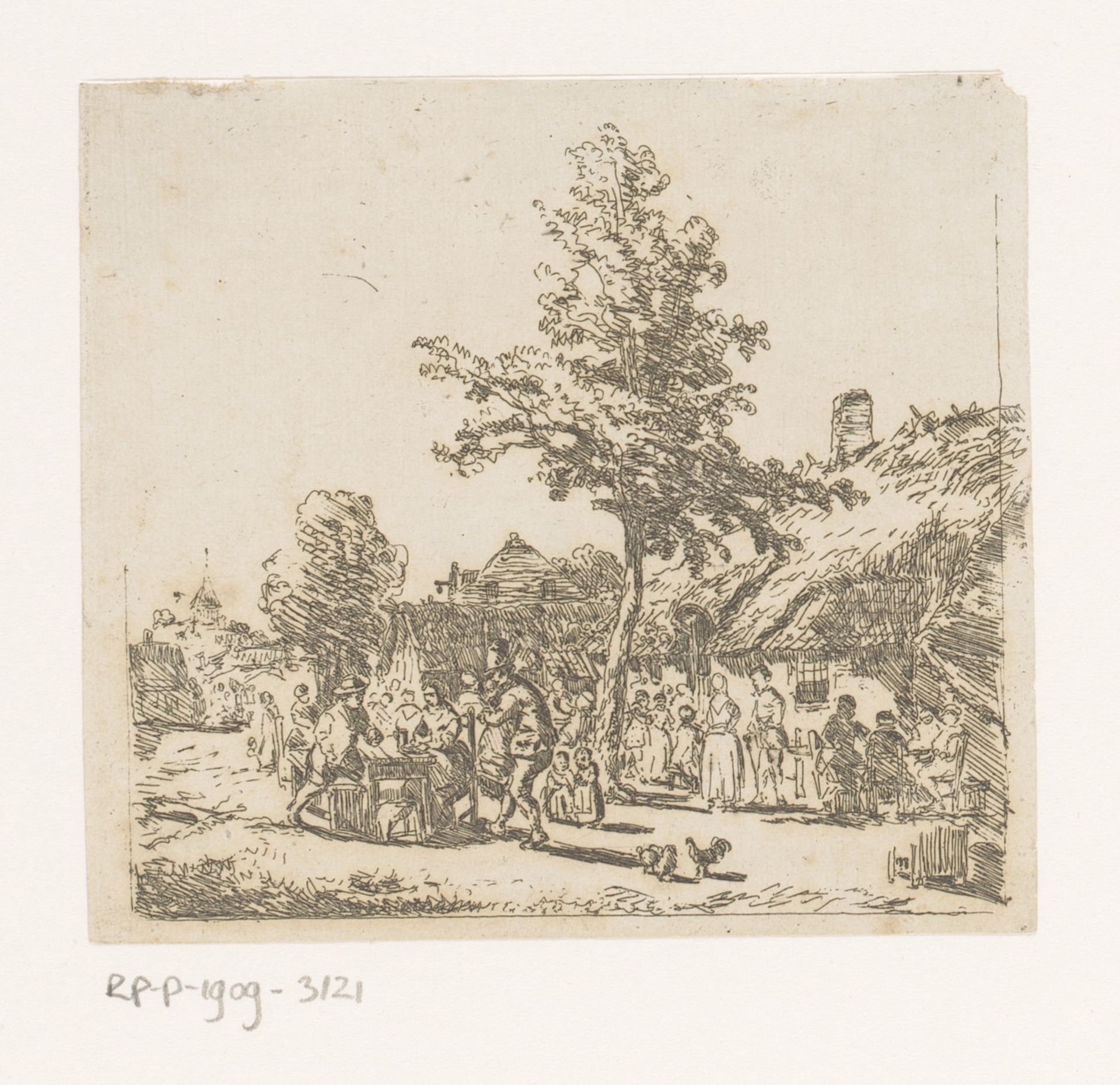 Dorpsgezicht met een groot gezelschap op een plein by Florent Nicolas Crabeels