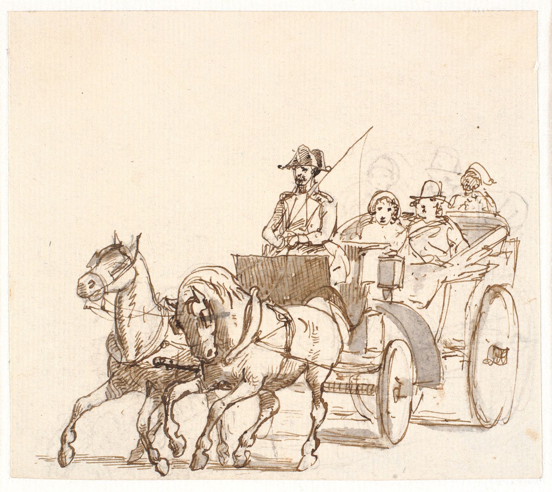 Landauer. Kusk med trekantet hat, herskab og tjener by Wilhelm Marstrand