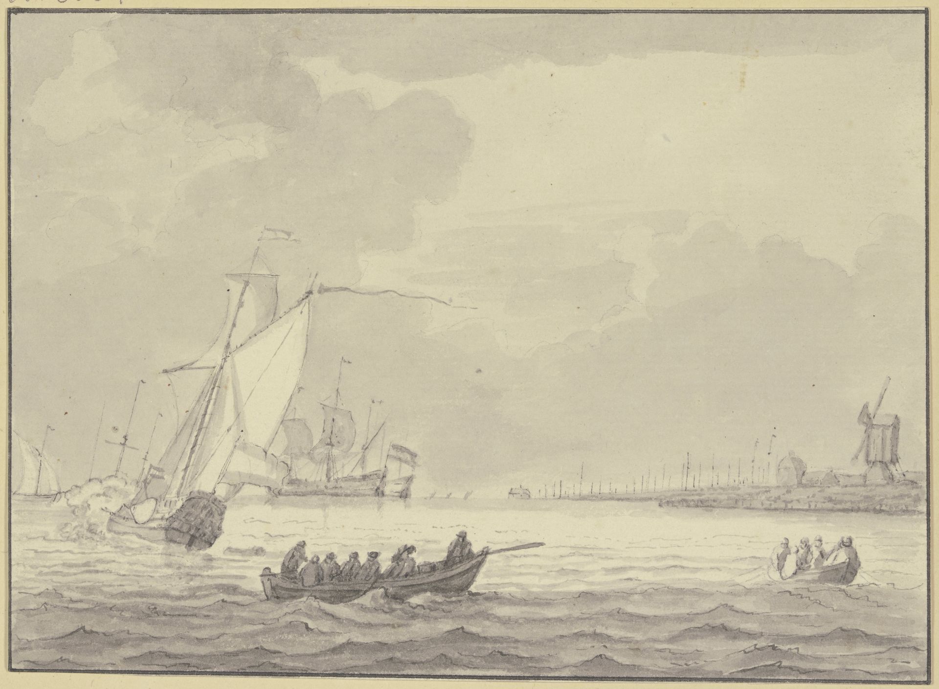 Leicht bewegte See, rechts Ufer mit Hafen und Windmühle, Ruderboote und Kanone by Jan Rood