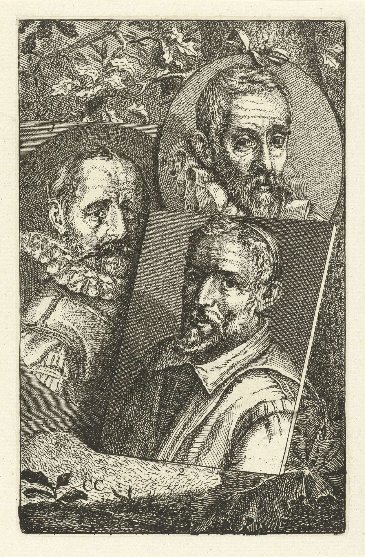 Portretten van Hans Bol, Joos van Winghe en Gilles van Coninxloo by Jan l' Admiral