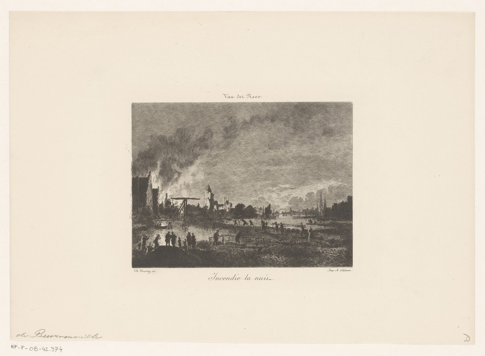 Gezicht op een stadsbrand bij nacht by Charles Courtry