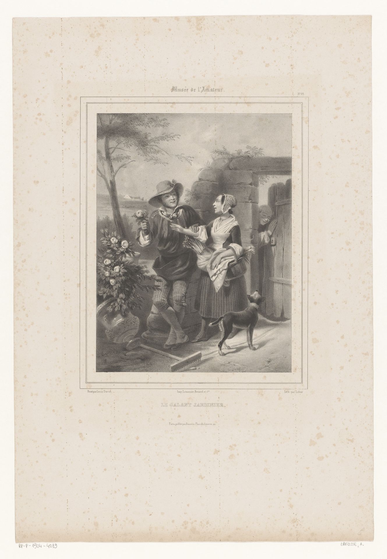 Tuinman geeft rozen aan een vrouw by Jean-Baptiste Adolphe Lafosse