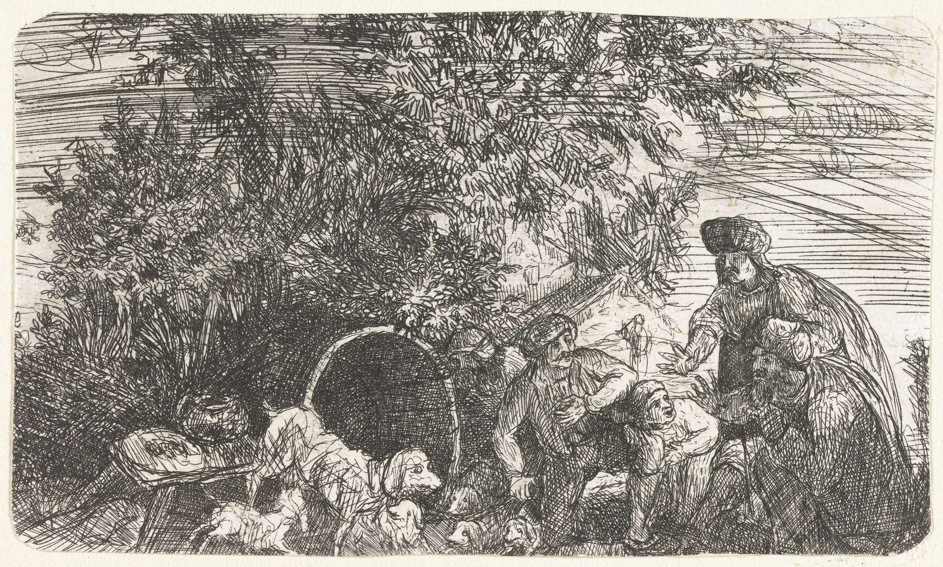 Mannen en hond met jongen bij een ton by Rodolphe Bresdin