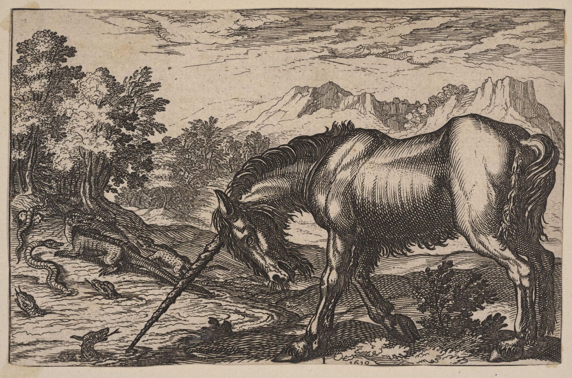 A Unicorn Chasing Lizards from a Pond by Antonio Tempesta