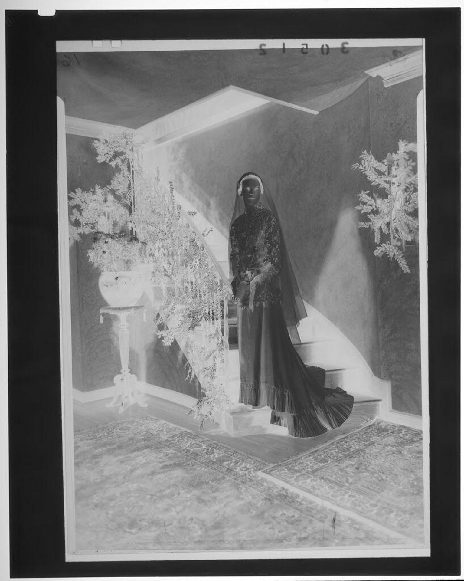 Untitled (portrait of bride standing on staircase in elegant room with foliage on banister) by Martin Schweig