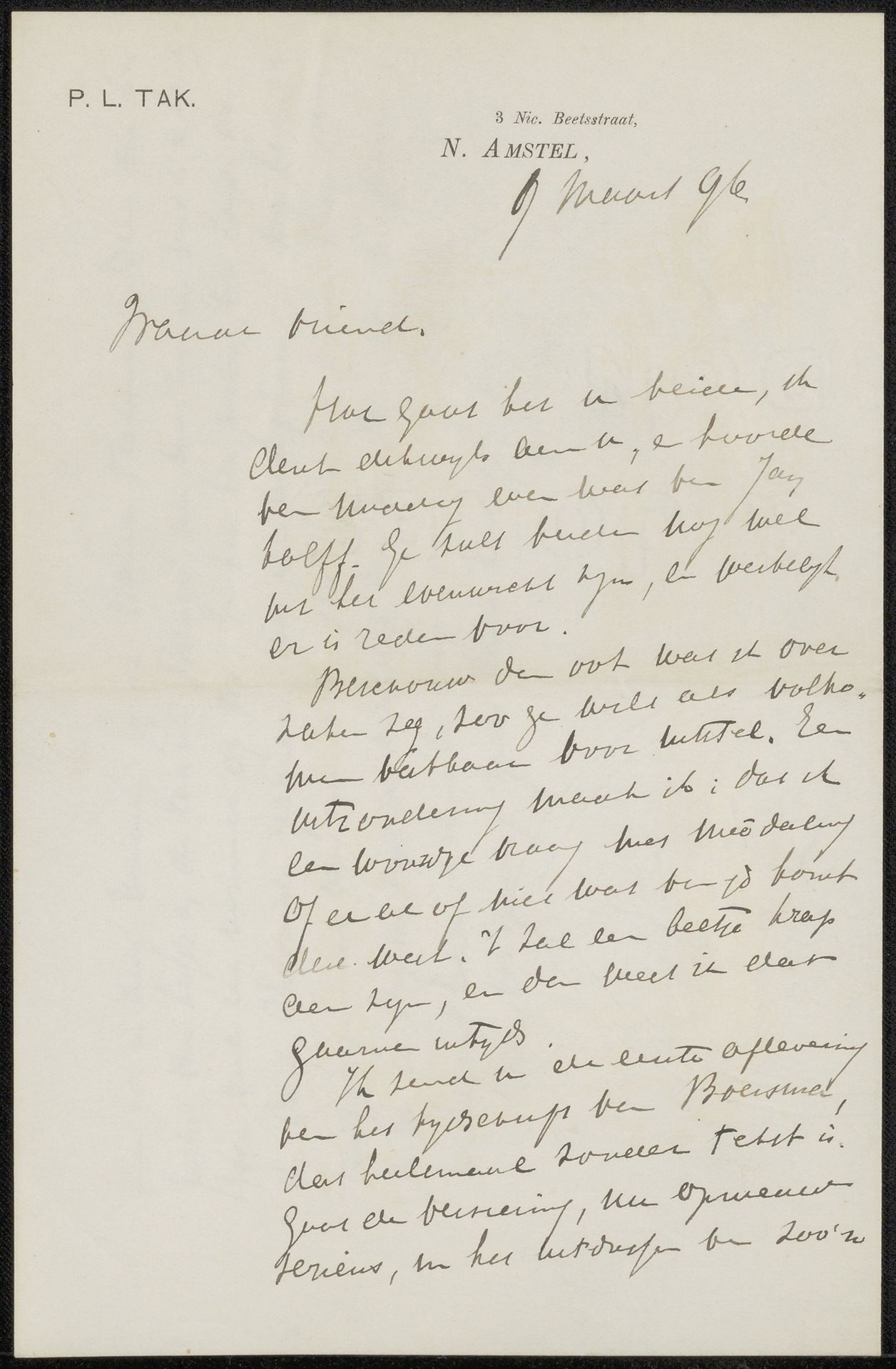 Brief aan Jan Veth by Pieter Lodewijk Tak
