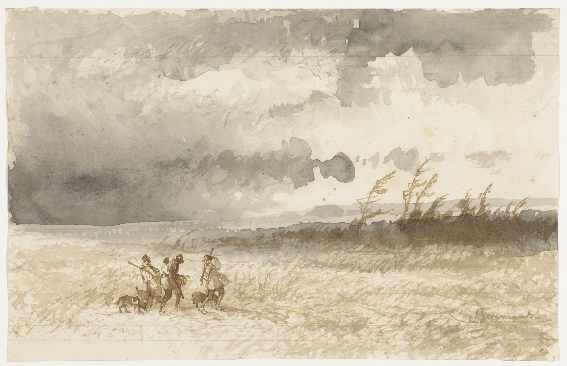 Vergezicht met jagers bij Gennep by Johannes Tavenraat