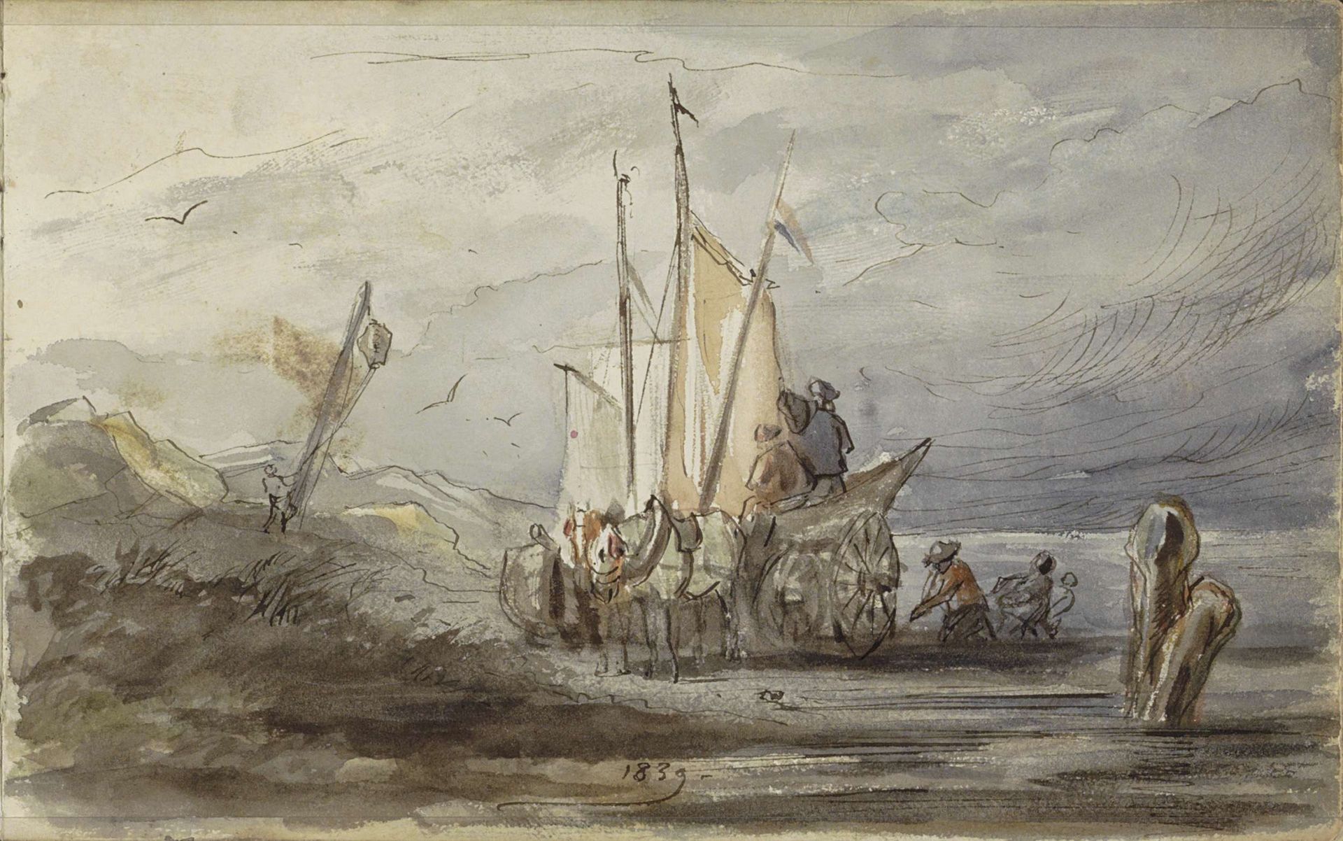 Paard en wagen aan een oever bij een zeilschip by Johannes Tavenraat