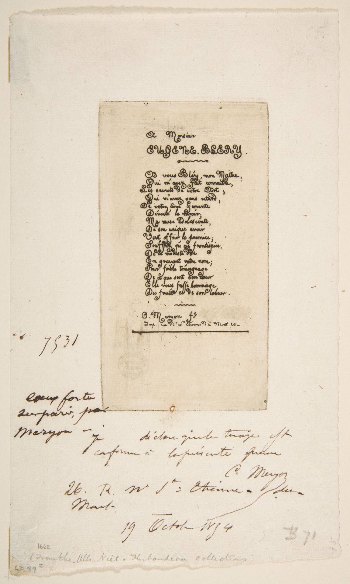 Vers a Eugène Bléry, No 2 (Verses dedicated to Eugène Bléry, No 2) by Charles Meryon
