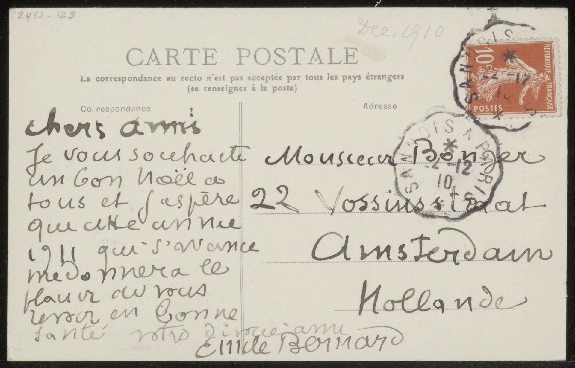 Prentbriefkaart aan Andries Bonger by Emile Bernard