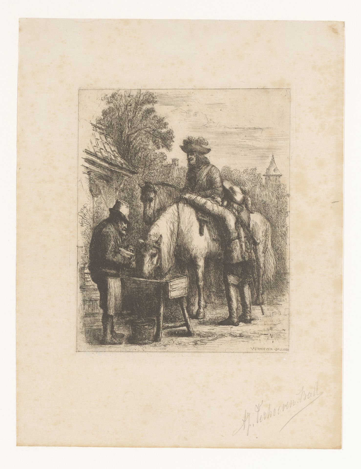 Ruiters met paarden bij drinkbak by Adrien Joseph Verhoeven-Ball