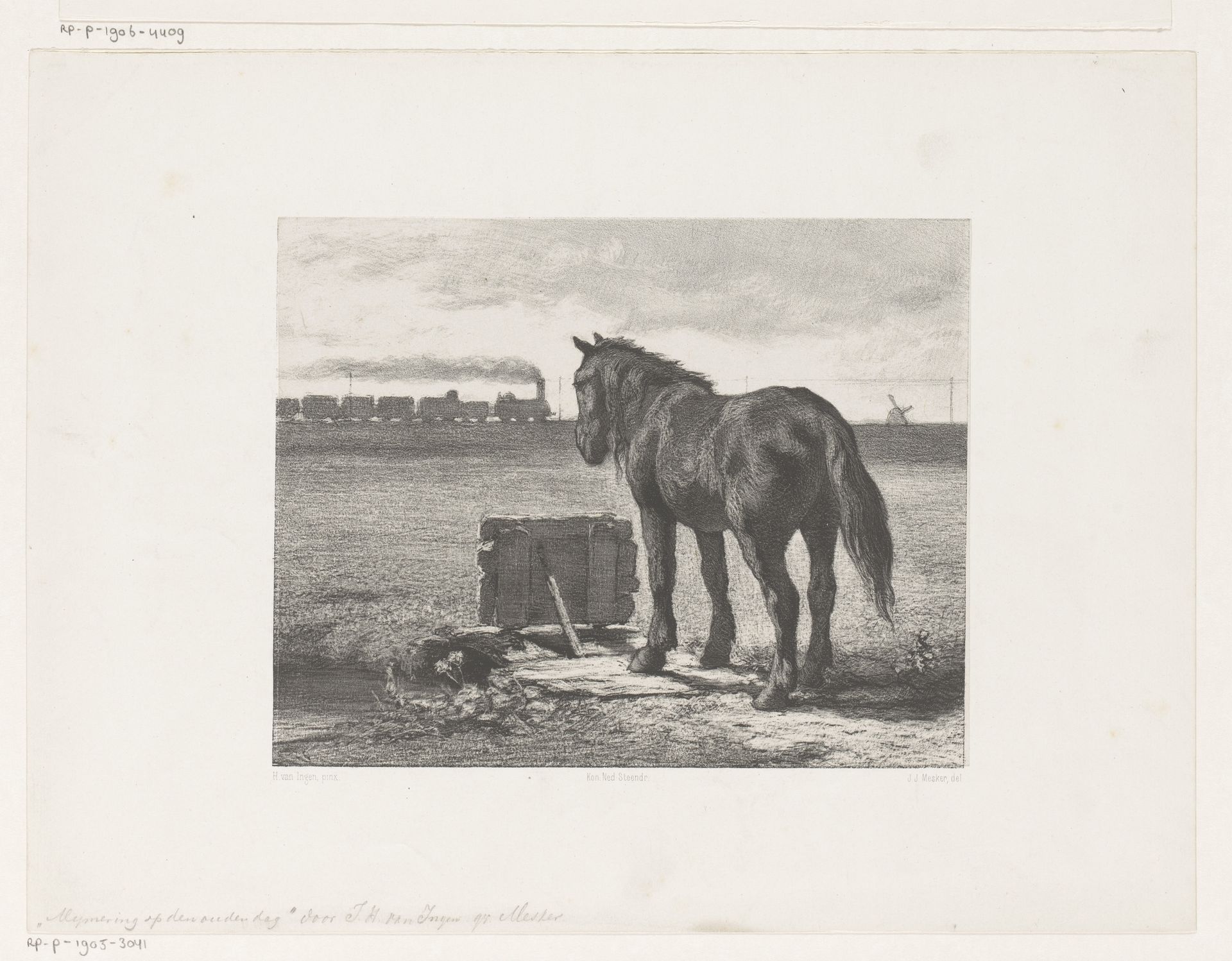Paard in weiland met stoomtrein aan de horizon by Jan Mesker
