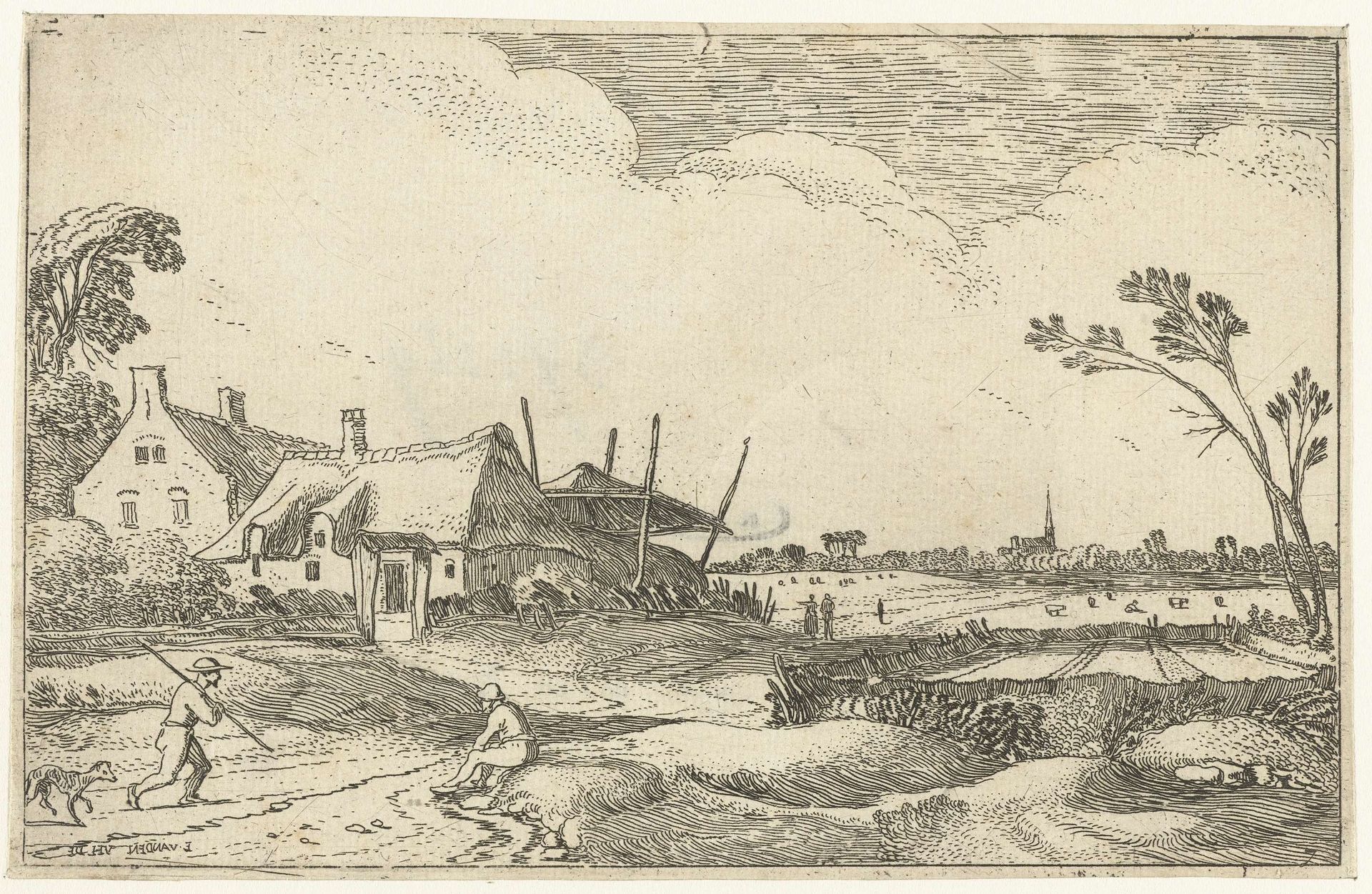 Boerderij aan een pad en vergezicht over velden by Esaias van de Velde