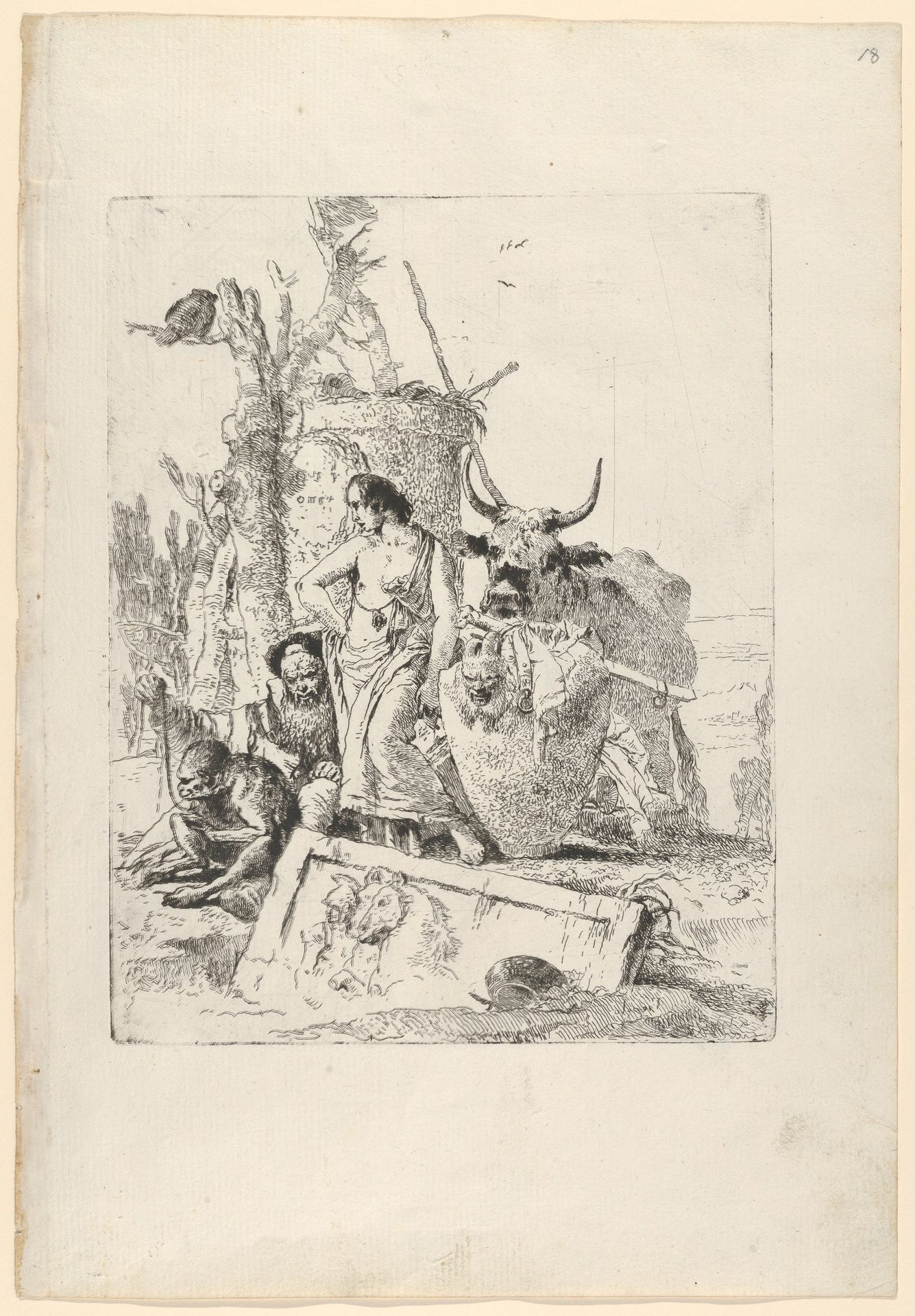 Young shepherdess and old man with a monkey, from the Scherzi by Giovanni Battista Tiepolo