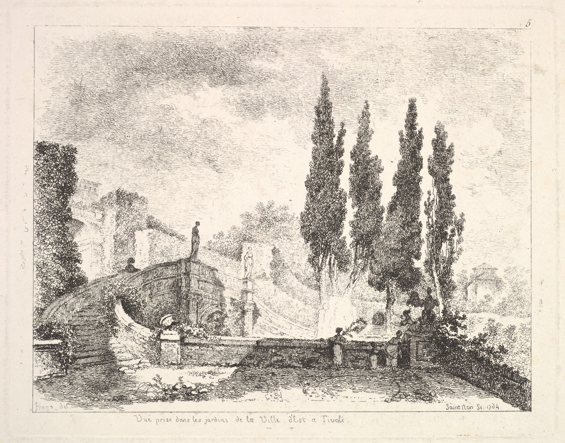 View of the gardens at the Villa d'Este in Tivoli, cyprus trees to right, a staircase leading to the villa at left, two statues at center of the staircase, three figures in the garden at right by Jean-Honoré Fragonard