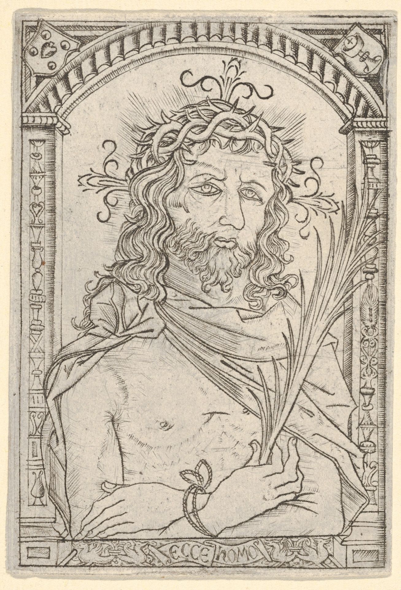 Christ as the man of sorrows set within an ornate frame by Nicoletto da Modena