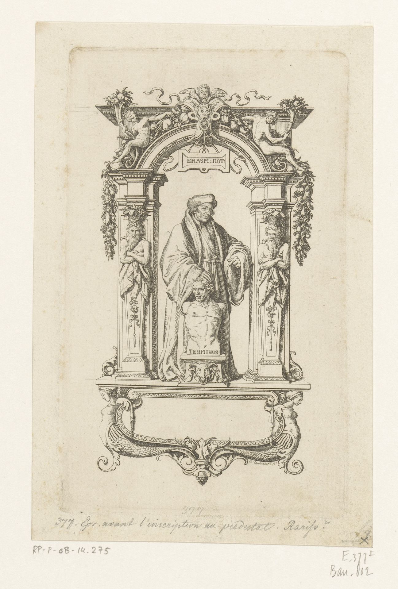 Beeld van Erasmus in architecturale omlijsting by Daniel Nikolaus Chodowiecki