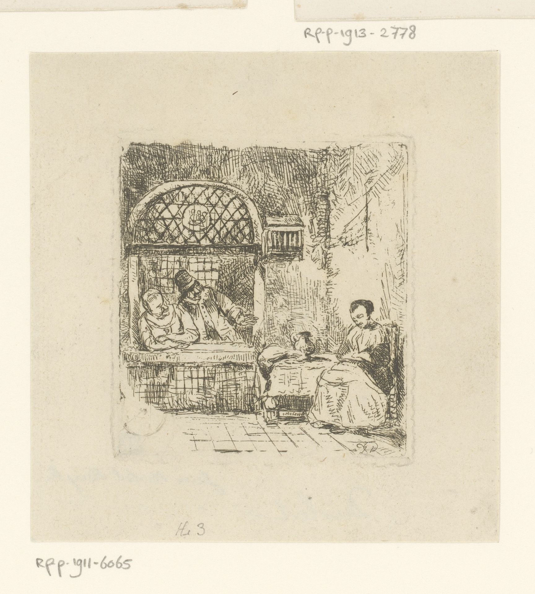 Twee figuren kijken in een interieur met slapende vrouw by Henri Leys