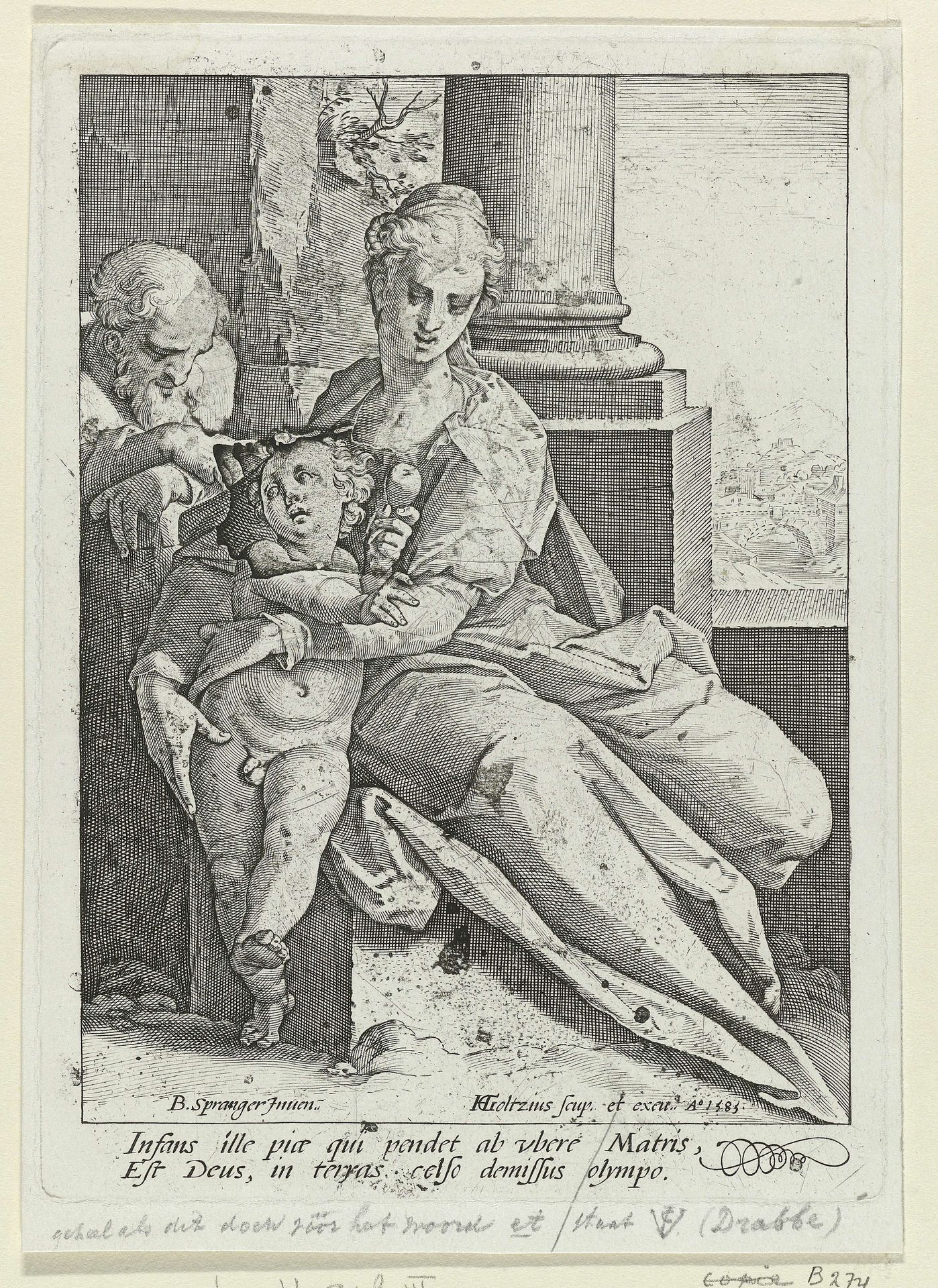 Heilige Familie voor een zuil by Hendrick Goltzius