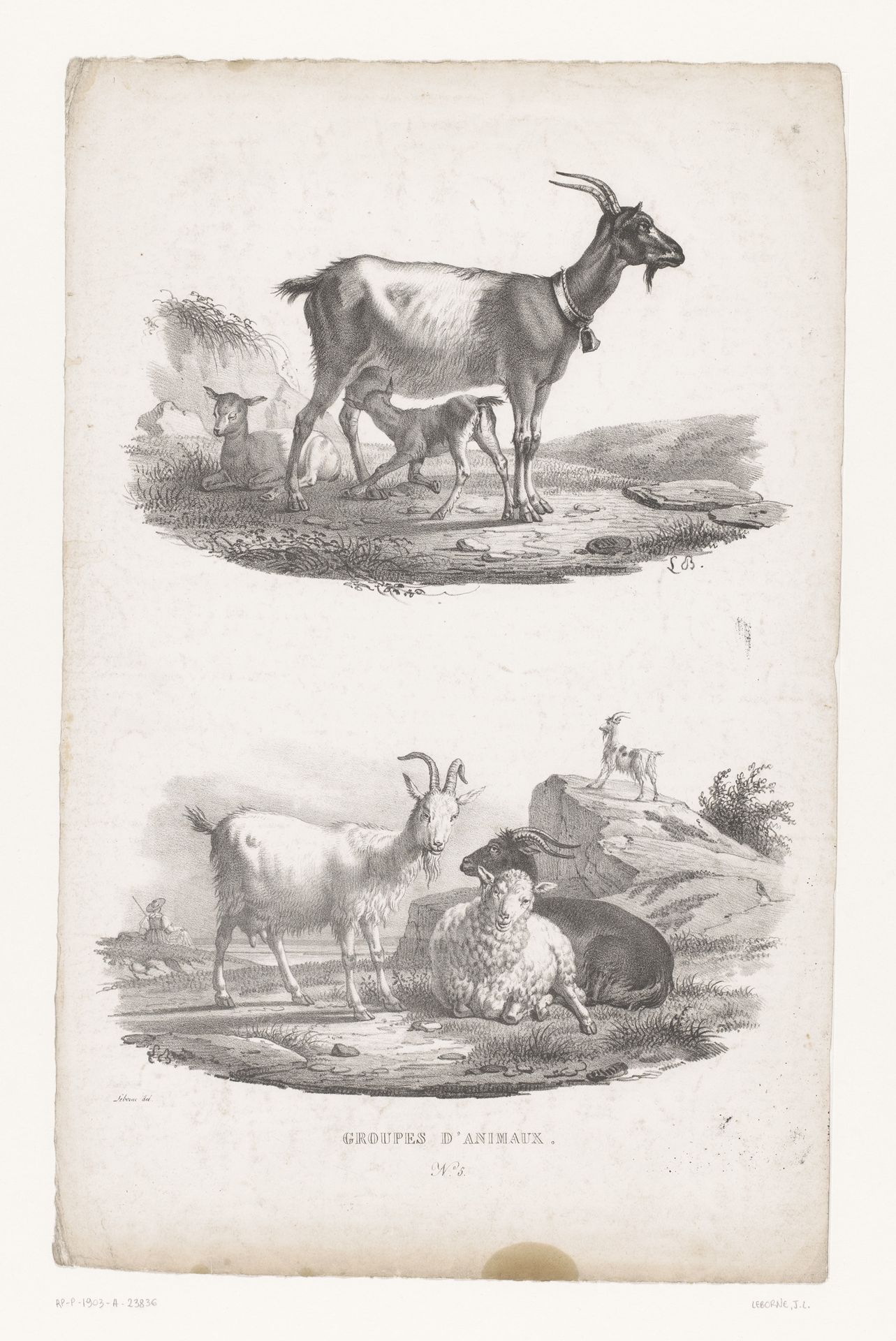 Zogende geit en herderin met schapen en geiten by Joseph Louis Leborne