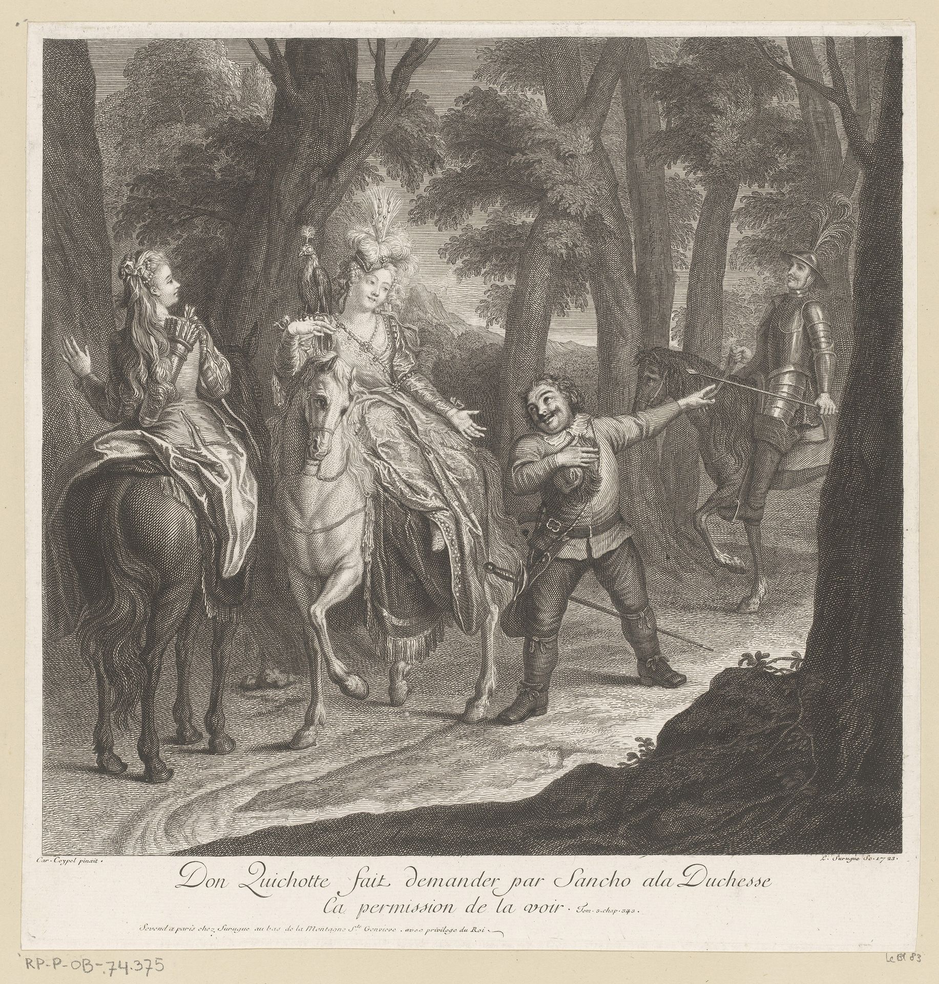 Don Quichot laat Sancho de hertogin toestemming vragen haar te zien by Louis Surugue
