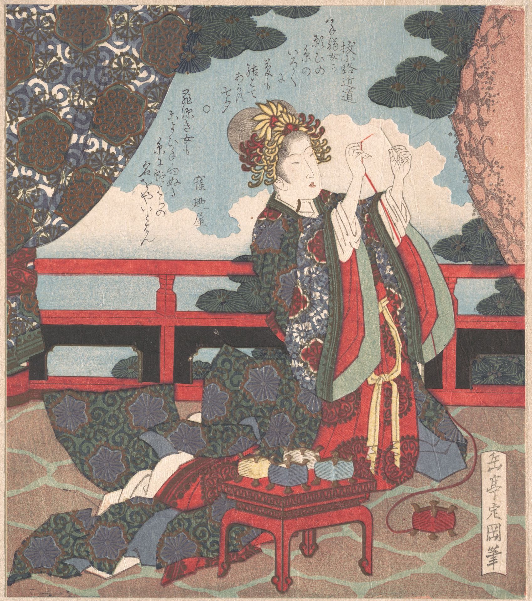 Lady Threading Needle on Verandah by Yashima Gakutei 屋島岳亭