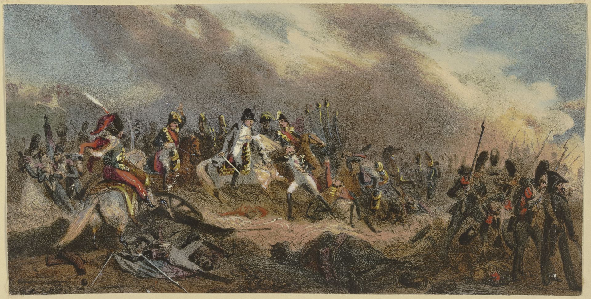 Napoleon mit seinem Hut über ein Schlachtfeld reitend by Auguste Raffet