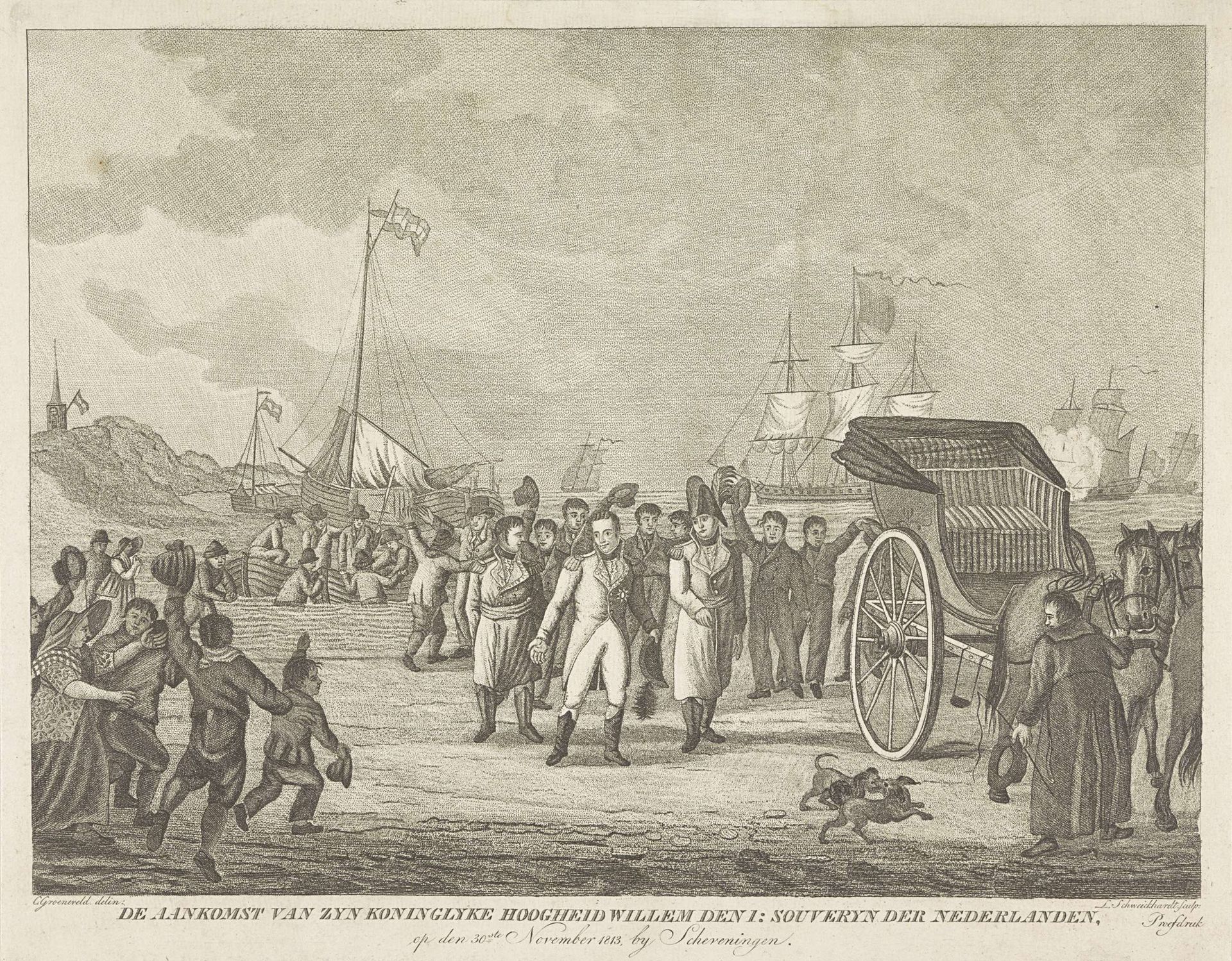 Aankomst van de prins van Oranje te Scheveningen, 1813 by Leonardus Schweickhardt