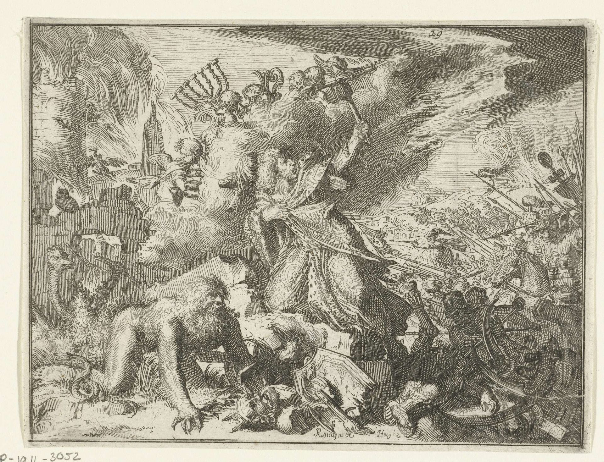Man gehuld in mantel wordt aangevallen door ruiters by Romeyn de Hooghe
