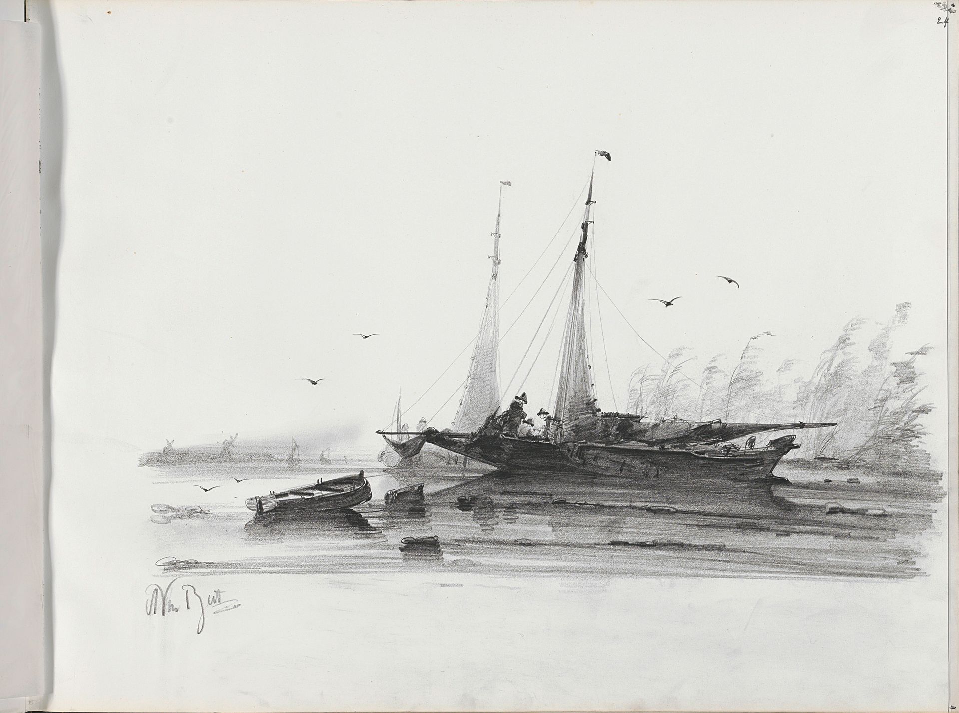 Figuren op een afgemeerd zeilschip bij een rietkraag by Albertus van Beest
