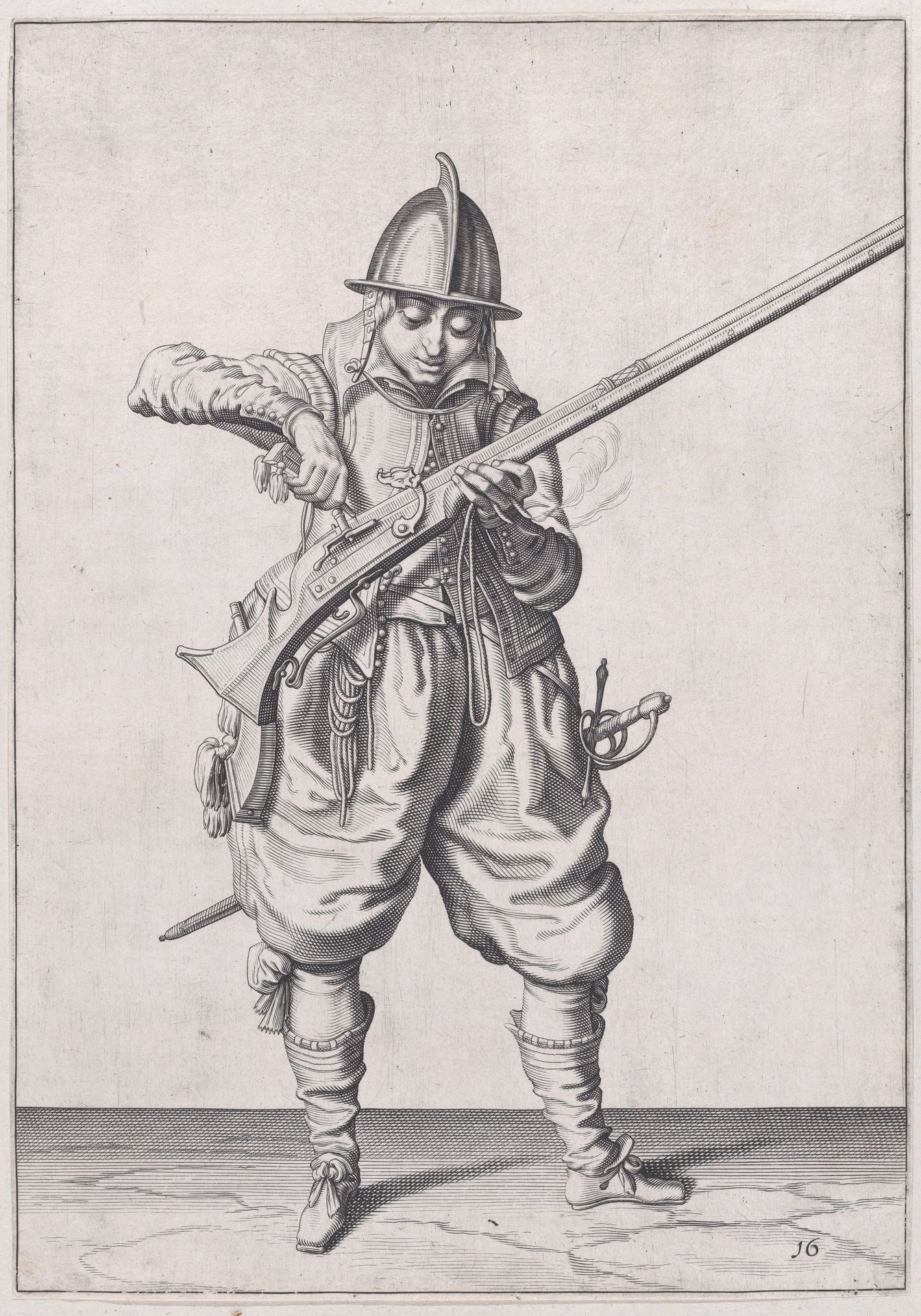 A soldier pouring powder into the pan, from the Marksmen series, plate 16, in Waffenhandlung von den Rören Musquetten undt Spiessen / Wapenhandelinghe van Roers Musquetten ende Spiessen (The Exercise of Arms) by Jacques de Gheyn II