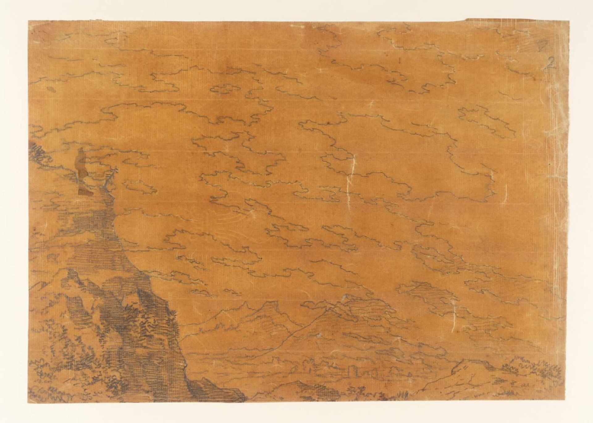 A Cliff to Left, Valley with Castles and Mountains Beyond. Schematic Clouds by Alexander Cozens