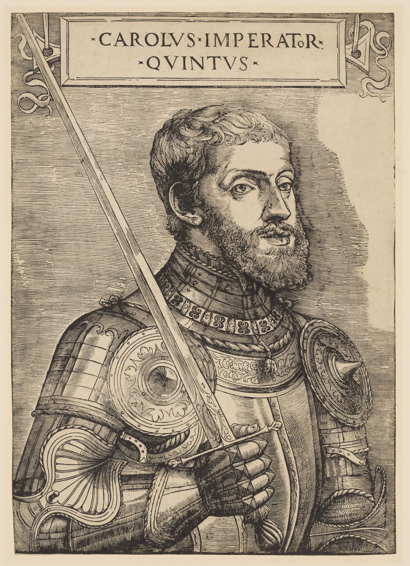 Charles V, bust length, holding a sword, facing right by Giovanni Britto
