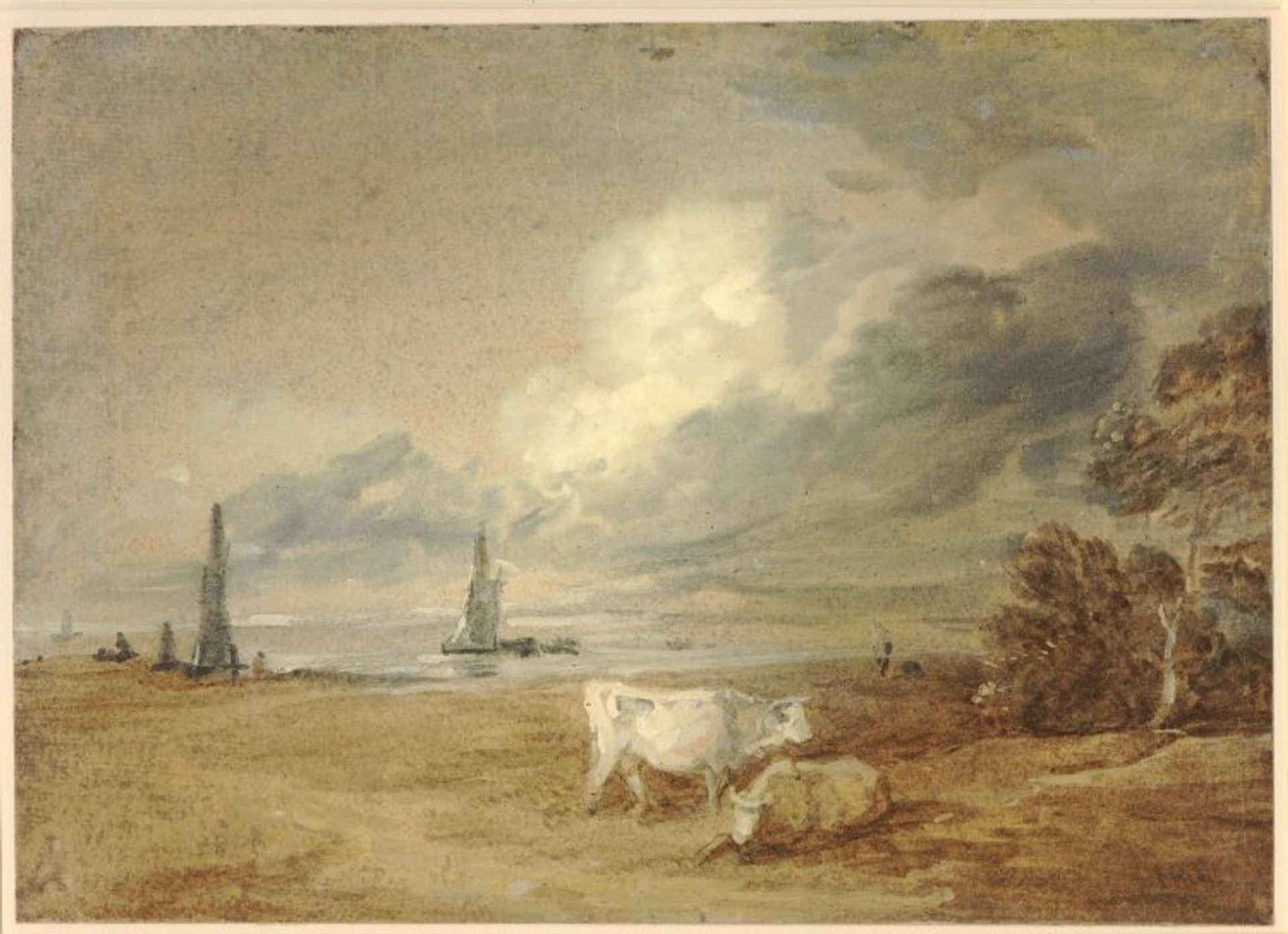 Coastal scene with shipping, figures and cows by Thomas Gainsborough
