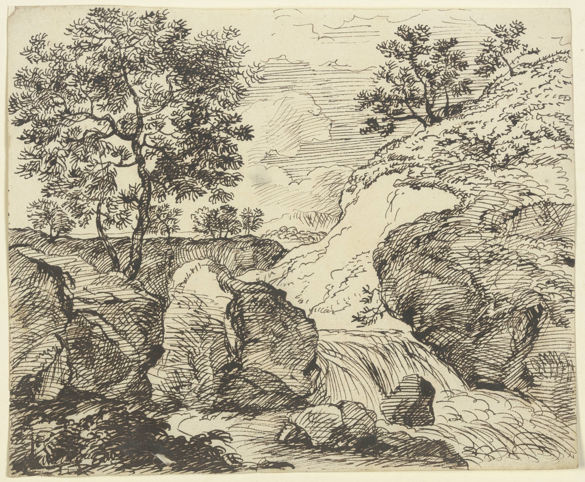 Erdrutsch an grasbewachsenem Hang an einem Fluss mit Wasserfall by Franz Kobell