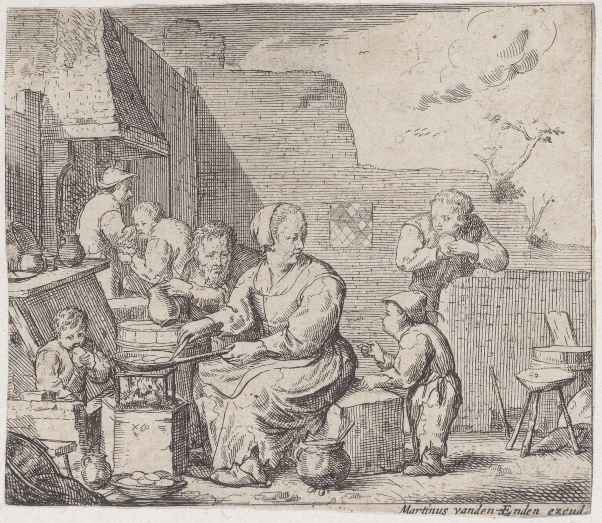 Peasant woman, seated, and cooking, with three children and a man around her by Jacques Dassonville