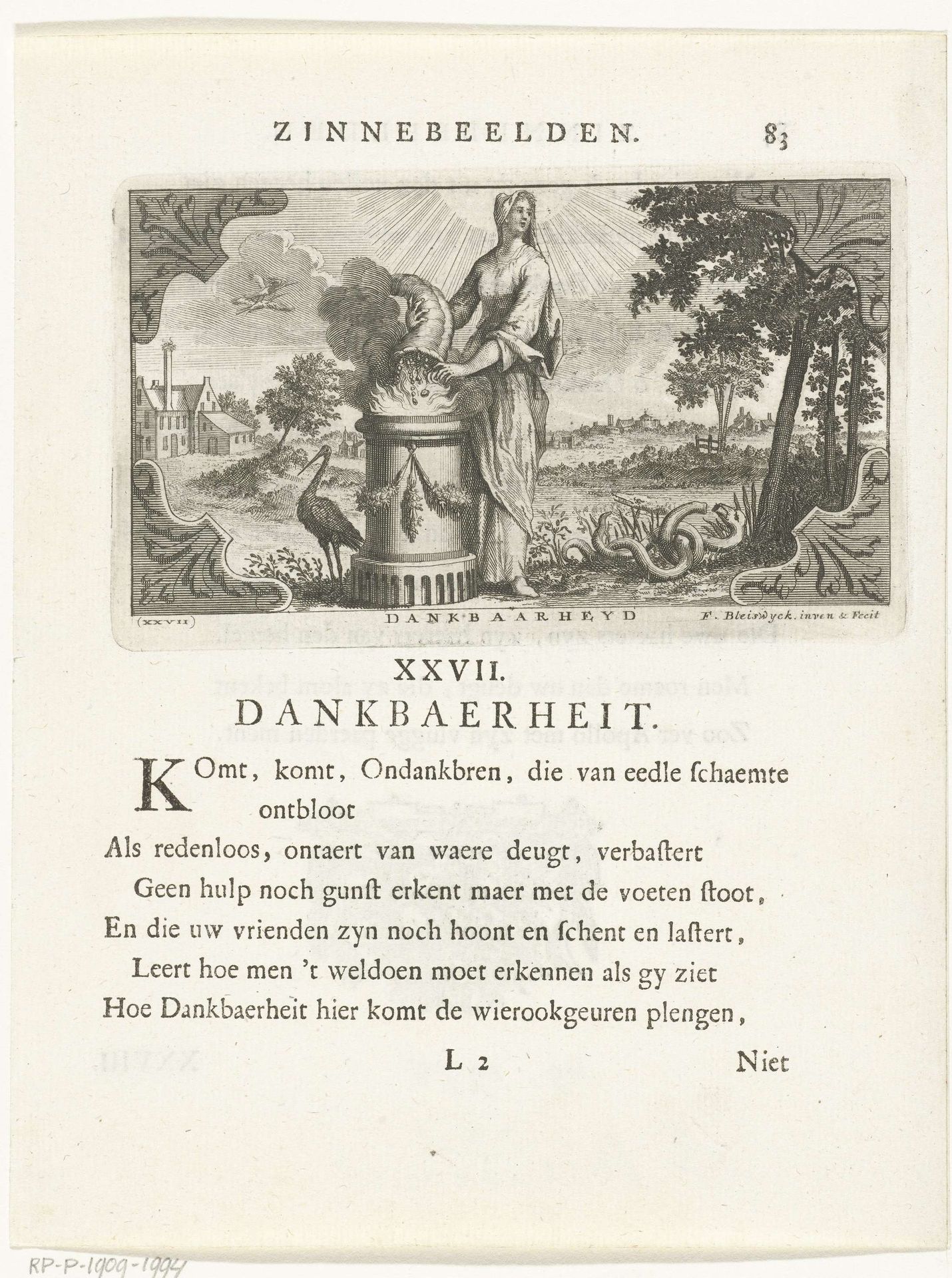 Embleem met allegorie op dankbaarheid by François van Bleyswijck