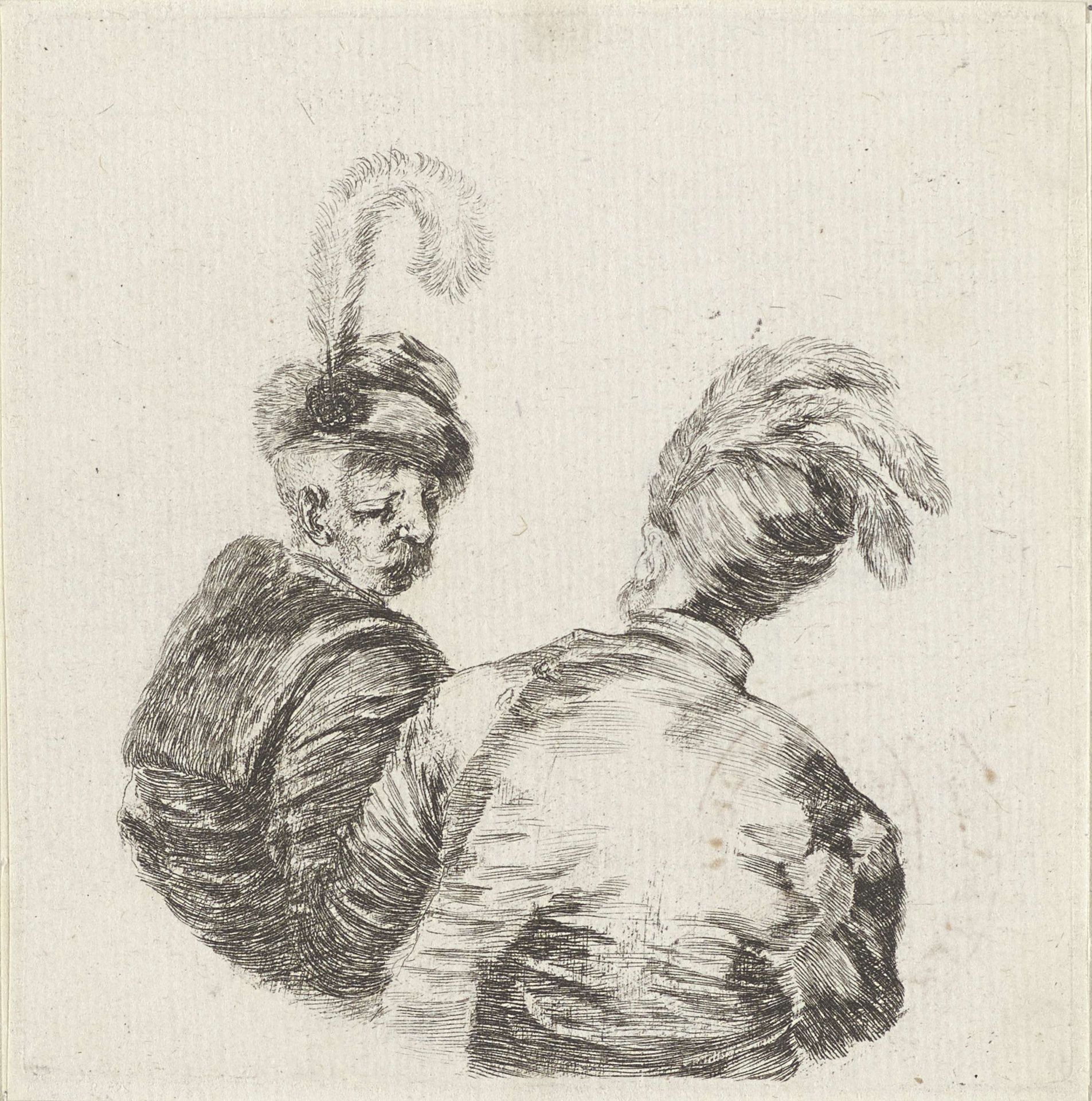 Twee mannen met gevederde mutsen, op de rug gezien by Stefano della Bella