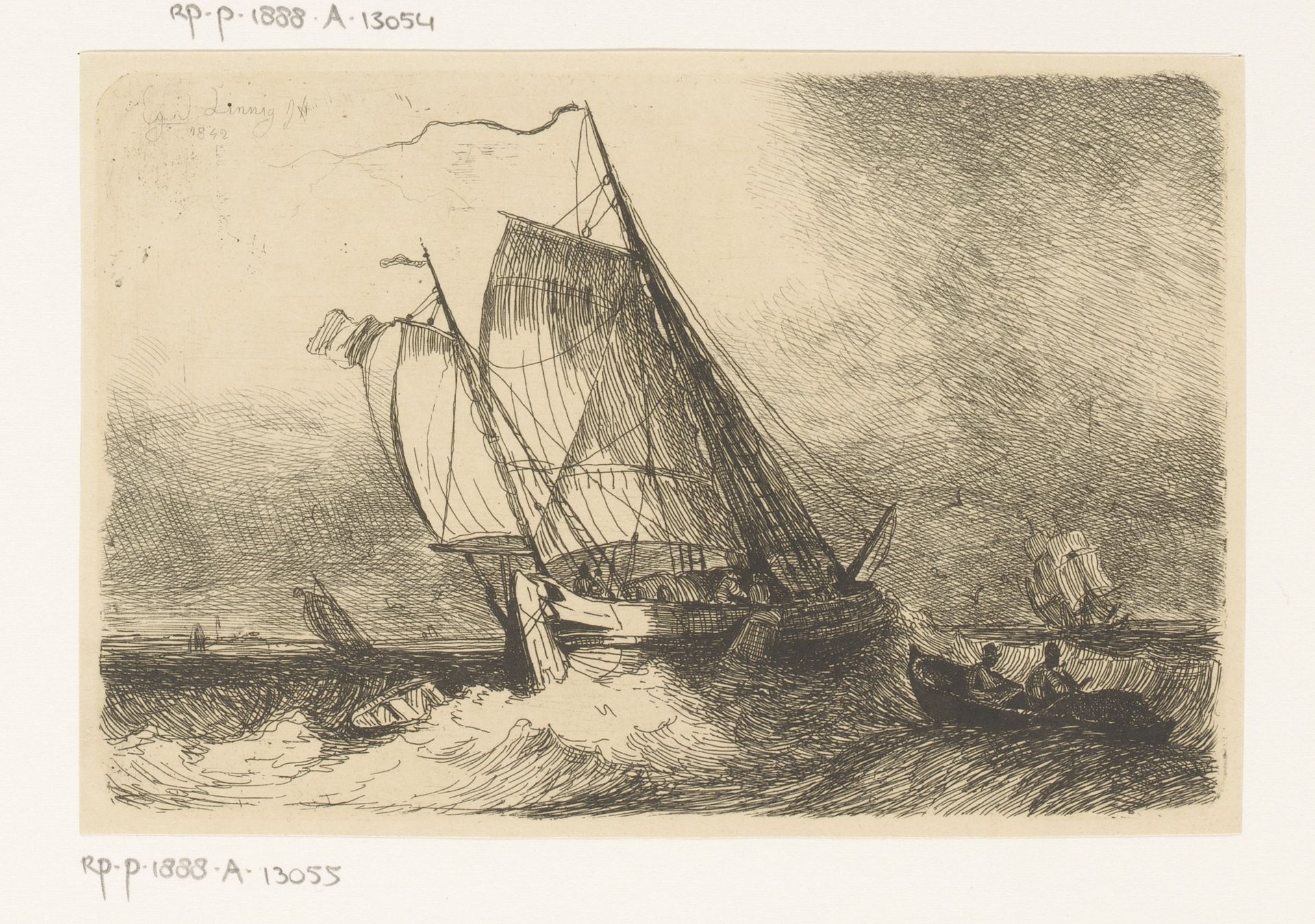 Zeilschepen en een roeiboot op onrustige zee by Egidius Linnig